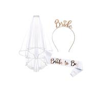 3 Pcs Bridal Ribbons and Veils Set,Bride to Be Headband,Hen Do Party Decorations,Decoration for The Bride's Single Veil,with White Sash and Tiara,for Shower,Rose Gold Wedding,for Bachelorette Games