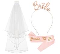 3 Pcs Bride to Be Sash and Veil with Tiara, Hen Party Accessories, Rose Gold Wedding Decorations, Bride Headband for Bridal Shower, Rose Gold Wedding Hen Do Decorations for Bachelorette Party