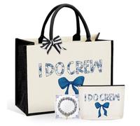 3 Pcs Bride Wedding Tote Bag with Makeup Bag and Bracelets, Bridal Shower Gifts, Bachelorette Party Bags, Coquette Bow Tote Bags with Floral for Wedding Engagement Bachelorette Party - I Do Crew Blue