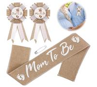 3 Pcs Burlap Mom to Be Sash Dad to Be Pin Set, Rustic Boho Baby Shower Decorations, Adjustable Neutral Gender Reveal Universal Accessories for Boy & Girl Gender Reveal Parties