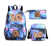 3 Pcs Capybara Backpack Set with Pencil Case and Crossbody Bag, Starry Blue Capybara Daypack, Kawaii School Book Bag for Kids Students, Large Capacity Rucksack Cartoon Animal Stationery Supplies
