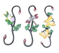 3 Pcs Cast Iron Garden Hook, 11 to 11.8 in S Hook for Hanging, Hand Painted Decorative Flower Pot Hanger with Butterfly, Kingfisher, Dragonfly, Strong Large Hooks for Bird Feeders, Indoor Outdoor