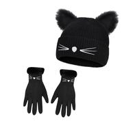 3 Pcs Cat Ears Beanie Hat and Warm Gloves Set Cat Ears Knitted Hat Embroidered Woolen Hat Cat Hat Crochet Hats for Women Knitted Winter Cat Hat Unisex Skull Cap for Girls Ladies(Black)