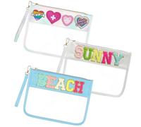 3 Pcs Chenille Letter Clear Zipper Pouch for Travel Waterproof Cosmetic Pouch Clear Snack Bags Nylon Travel Gym Beach Bag Multipurpose Makeup Bag for Women Girl, 3 Pack Heart+Beach+Sunny, Chenille