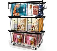 3 Pcs Chest Freezer Baskets, Stackable Freezer Organiser Metal Refrigerator Storage Rack with Foldable Handles, Organizer Bins Holds 33 LBS, Add Space and Air Circulation for Better Freshness, Black