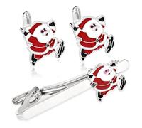 3 pcs Christmas Cufflinks and Tie Clip Set for Men, Santa Claus and Rhinestone Tree Design, Silver Metal, Holiday Festival Dress Accessories Gifts for Dad Boyfriend, 0.8 Inches X 0.6 Inches, Metal, no