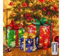3 Pcs Christmas Lighted Gift Boxes, LED Light-up Present Boxes for Christmas Tree Decorations, 3 Color Gift Boxes with Bows, Indoor and Outdoor Tree Skirt Ornaments