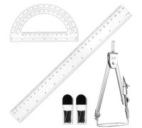 3 Pcs Clear Protractor and Compasses 12 Inch Ruler Set, Geometry Math Transparent Measuring Tools, Transparent Drawing Measuring Rulers for Office Woodworking Art Drawing