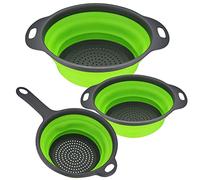 3 Pcs Collapsible Colanders Set, Silicone Colanders & Food Strainers, Foldable Filter Drain Baskets, Green Kitchen Strainer Washing up Bowl with Handle for Draining Pasta Fruits Vegetable Colanders