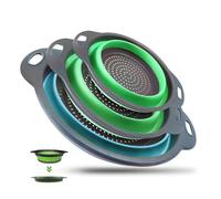 3 Pcs Collapsible Kitchen Colanders - Expandable Strainers & Sieves for Sink, Pasta, Rice Washing, Vegetables (2 Green + 1 Blue), Space-Saving Design, Durable Polypropylene