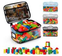 3 Pcs Colorful Toy Storage Bags, Clear PVC Waterproof Storage Organizer Bags with Double Zipper, Mesh Side Pockets & Handle | 12"x8"x6" for Building Blocks, Board game (Blue, Black, Gray)