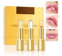 3 Pcs Colour Changing Lipstick Set - Clear Lip Balm with Glossy Pink Tint | Three clear colour changing lipsticks with gold, silver-tone and amber foil details - Designed to develop a personalised tint