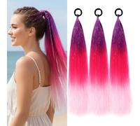 3 Pcs Coloured Hair Extensions, 26In Girls Rainbow Ponytail with Elastic Tie, Gradient Colour for Cosplay Party Festival for Kids