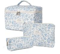 3 PCS Cotton Quilted Makeup Bag,Cute Cosmetic Bag for Women,Floral Coquette Aesthetic Makeup Bag Set, Travel Toiletry Organizer Bag., Blue-White