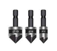 3 Pcs Countersink Drill Bit,Set Counter SinkBits Wood Countersunk Chamfer Tool Sink 90 Degree Adaptor Trend Carbide Tipped Depth Flute Hex Shank 12MM 16MM 19MM,for Hinge Kit Metal WoodWorking Stopper