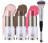 3 Pcs Cream Contour Stick With Highlighter & Makeup Brush: Long-Lasting, Waterproof, And Smooth Bronzing Contour Sticks, And Shimmery Pearl Highlighter And Blush Sticks For Both Cheeks And Lips.