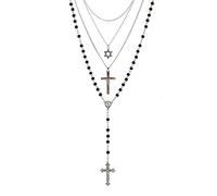 3 Pcs Cross Necklace Gothic Necklace for Women Rosary Beads Catholic Necklace Multilayer Necklace 80s Vintage Cross Necklace Hexagram Pendant Necklace 80s Fancy Dress Costume Accessories