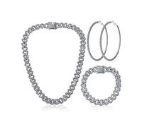 3 Pcs Cuban Link Chain Necklace Bracelet Rhinestone Hoop Earrings Set Bling Crystal Diamond Hip Hop Jewelry for Women Girls, 16 Inch, alloy, rhinestone, alloy, rhinestone