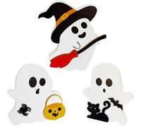 3 Pcs Cute Ghost Halloween Decorations for Indoors, Wooden Spooky Decoration Tiered Tray Halloween Decor Table Sign, Black Cat Bat Witch Broom Signs Pumpkin Blocks for Farmhouse Home Shelf Display