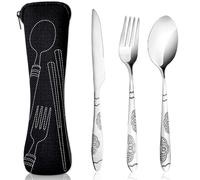 3 Pcs Cutlery Set with Portable Pouch Case, Stainless Steel Flatware Camping Utensil Set with Neoprene Bag, Cutlery Set with Knife, Fork, Spoon for Outdoor Travel Picnic Office School Lunch Box