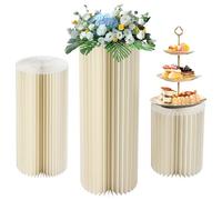 3 Pcs Cylinder Pedestal Stand Elegant White Cardboard Cylinder Stands Foldable Reusable Wedding Dessert Cake Stand with Acrylic Lid for Anniversary, Christmas Displays 11/15/19 In Dia., Cylinder Tab