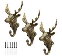 3 Pcs Deer Head Wall Hooks, Cast Iron Coat Hooks with Fixings(Bronze)