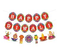 3 Pcs Diwali Decorations for House Banner Vibrant Happy Diwali Letters Paired With Oil Lamps, Goddess Figures, Lanterns, and Classic Indian Elements Adding Festive Cheer To You Celebrations Party