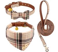 3 PCS Dog Collars for Small Puppy Collar and Leash Set, Bow Tie with Bell, Bandana Leather for Small Dogs Puppies and Cats(Beige)