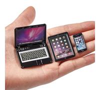3 Pcs Dollhouse Furniture Accessories Miniature, 1:12 Scale Simulation Metal Laptop Tablet Smart Phone Stuff Doll House Mini Play Set Accessories (Black)