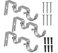 3 PCS Double Curtain Pole Bracket, Heavy Duty Curtain Rod Holders, Adjustable Metal Curtain Rail Support Brackets Set for Wall Window (Silver)