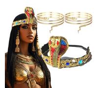 3 Pcs Egyptian Costume Accessories Gold Snake Headpiece Greek Goddess Headband Jewelry Beaded Egyptian Princess Headwear with Metal Snake Arm Cuffs for Women Halloween Cosplay Costume Hair Accessories