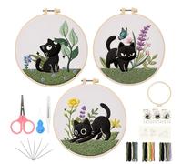 3 Pcs Embroidery Kit for Adults Beginners, Cat Flower Cross Stitch Kit with Pre-made Pattern Embroidery, Hoop, Thread & Needles, DIY Craft Needlework Set for Adults Home Decor or Gifts (Style B)
