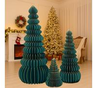 3 Pcs Extra Large Honeycomb Paper Christmas Tree Set 3ft 2ft 1ft Tall Giant 3D Foldable Honeycomb Sage Green Trees with Glitter Gold Edging for Modern Neutral Christmas Home Mantel Decor Holiday Party