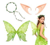 3 Pcs Fairy Wings Set, With Sparkling Green Fairy Wings, Flower Headband, Elf Ears, Fairy Wings Suitable for Halloween Carnival Party Role Playing