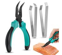 3 PCS Fish Bone Pliers and Tweezers Set, Green High Carbon Steel Fish Deboning Tool Kit, Serrated Plier with Flat & Slant Stainless Steel Tweezers for Salmon, Trout and Kitchen Cooking