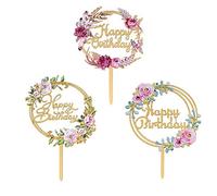 3 Pcs Flowers Cake Toppers Acrylic Happy Birthday Cake Toppers for Various Birthday Party Wedding Cake Decoration