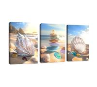 3 Pcs Framed Blue Sky and Sea Star Canvas Wall Art, Conch and Colourful Pebbles Wall Paintings Pictures Beach Shells and Sea Poster Prints Artwork Home Decor for Bedroom Living Room Office 30x40cmx3