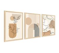 3 Pcs Framed Canvas Wall Art Boho Minimalist khaki Beige Canvas Prints Abstract Geometric Line Leaf Sun Pictures for Living Room Bedroom Dining Room Hallway Wall Decor 30x40cmx3pcs (No Plexiglass)