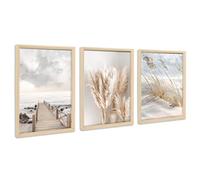3 Pcs Framed Canvas Wall Art Coastal Beach Ocean Seascape Painting on Canvas Prints Nordic Beige Pampas Grass Pictures for Living Room Bedroom Bathroom Hallway Wall Decor 30x40cm x3pcs (No Plexiglass)