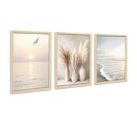 3 Pcs Framed Canvas Wall Art Coastal Beach Sea Wave Canvas Prints Boho Pampas Grass Ocean Sunset Pictures for Living Room Bedroom Dining Room Hallway Wall Decor 90x40cm(12"x16"x3pcs) (No Plexiglass)