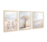 3 Pcs Framed Canvas Wall Art Path to the Sea Beach Ocean Coastal Scenery Canvas Prints Boho Beige Pictures for Living Room Bedroom Dining Room Hallway Wall Decor 90x40cm(12"x16"x3pcs) (No Plexiglass)