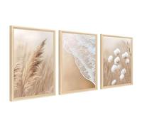 3 Pcs Framed Canvas Wall Art Seaside Beach Boho Beige Canvas Prints Pampas Grass Reed Dandelion Pictures for Living Room Bedroom Dining Room Hallway Wall Decor 90x40cm(12"x16"x3pcs) (No Plexiglass)