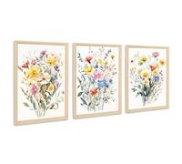 3 Pcs Framed Canvas Wall Art Watercolour Colourful Bouquet Flowers Canvas Prints Painting Yellow White Wildflowers Daisies Pictures for Living Room Bedroom Wall Decor 30x40cm x3pcs (No Plexiglass)