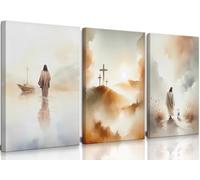 3 Pcs Framed Jesus Wall Art Jesus Walking on Water Canvas Wall Decor Leaves The 99 Sheep Pictures Prints Christian Posters for Living Room Bedroom Church Home Decorations Ready to Hang 12x16in