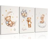 3 Pcs Framed Teddy Bear Nursery Canvas Wall Art Bear Sleeping on The Moon and Stars Wall Decor Pictures Balloon Cloud Neutral Poster Prints for Kids Baby Room Kindergarten Home Decoration 12x16in