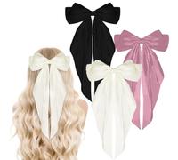 3 Pcs French Hair Clips with Long Ribbon Solid Color Soft Satin Silky Bows Big Bow Hair Barrette Clips, Girls Dress Up Accessories Cute Gifts, for Birthday/Party/Show