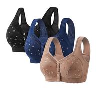 3 Pcs Front Fastening Bras for Women UK Soft & Comfortable Cotton Bra Wireless Snap Closing Ladies Bras Plus Size Front Clasp Wireless Cotton Vest Bra for The Elderly Everyday Zero Feel Bralettes
