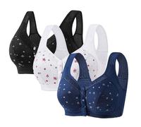 3 Pcs Front Fastening Bras for Women UK Soft & Comfortable Cotton Bra Wireless Snap Closing Ladies Bras Plus Size Front Clasp Wireless Cotton Vest Bra for The Elderly Everyday Zero Feel Bralettes