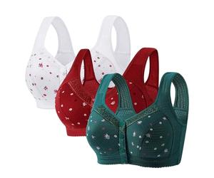 3 Pcs Front Fastening Bras for Women UK Soft & Comfortable Cotton Bra Wireless Snap Closing Ladies Bras Plus Size Front Clasp Wireless Cotton Vest Bra for The Elderly Everyday Zero Feel Bralettes