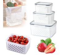 3 PCS Fruit Storage Containers for Fridge, 2025 New BPA Free Airtight Produce Saver Bins, Stackable Fresh Keeper with Drain Tray, Suitable Use in Refrigerator Freezer Kitchen (3 PCS Gray)